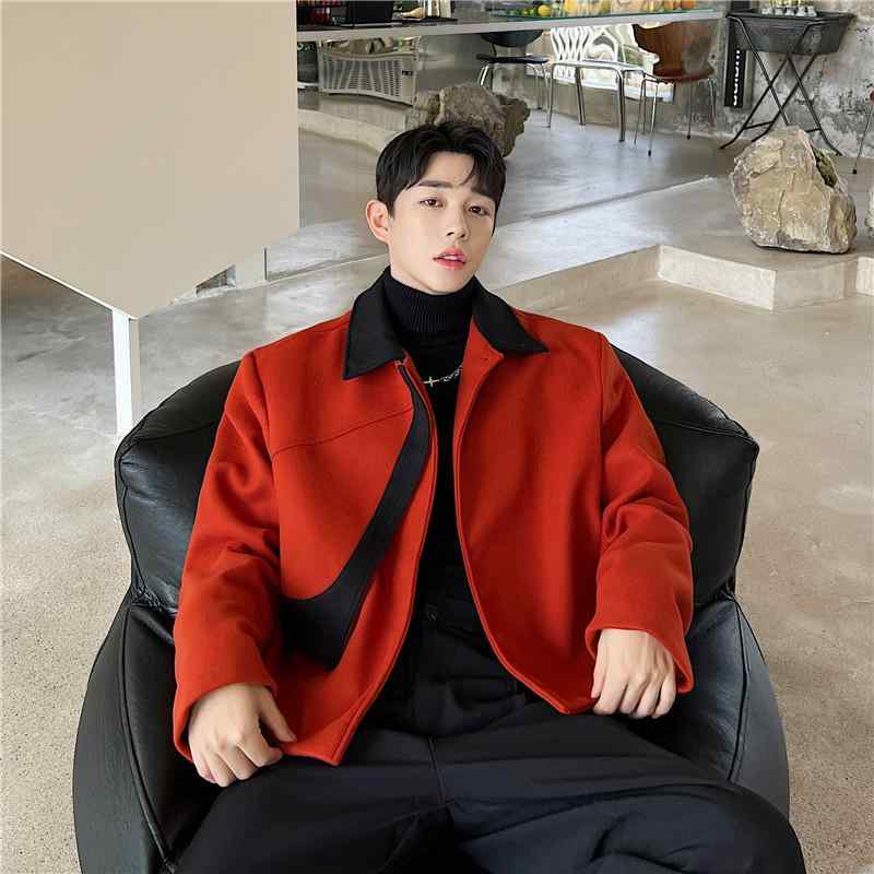 ジャケット メンズ 秋冬 レトロ ウール 韓国 ジャケット メンズ コントラスト スクエアネック ボタン一つ 長袖 短い