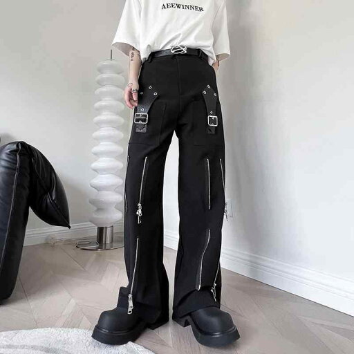 ダーク メンズ レディース ファッション ワイドオーバーオール ゆったり ストレートパンツ カジュアル ジッパー レザー バックル ダーク メンズ レディース ファッション ワイドオーバーオール ゆったり ストレートパンツ カジュアル ジッパー レザー バックル