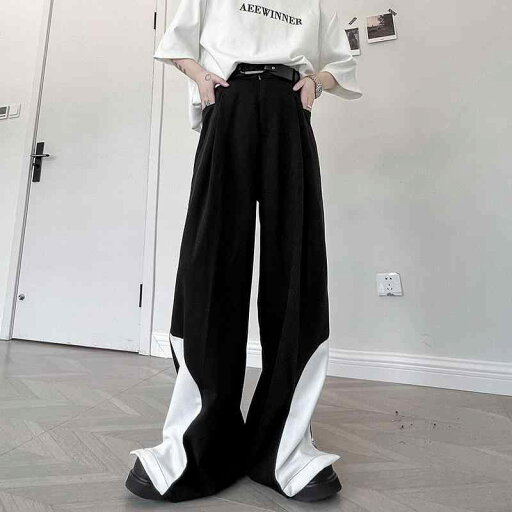 メンズ パンツ 秋服 ストリート アメカジ パンツ 黒 白 コントラストカラー スリット ワイドパンツ ストレート メンズ パンツ 秋服 ストリート アメカジ パンツ 黒 白 コントラストカラー スリット ワイドパンツ ストレート