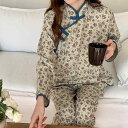 パジャマ かわいい レトロ 中国風 バックル レディース 秋 魅惑 綿 花柄 長袖 カーディガン ホーム セット