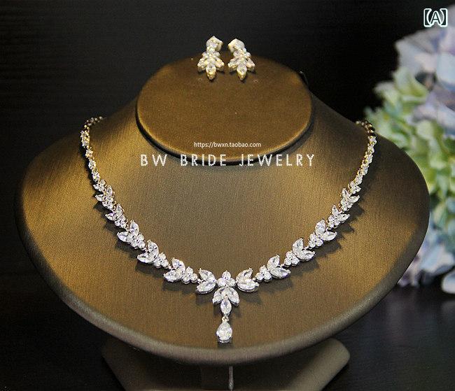 ブライダル ネックレス イヤリング 2点 セット ピアス ウェディング ドレスアップ イブニングドレス アクセサリー ディナー 豪華感 葉