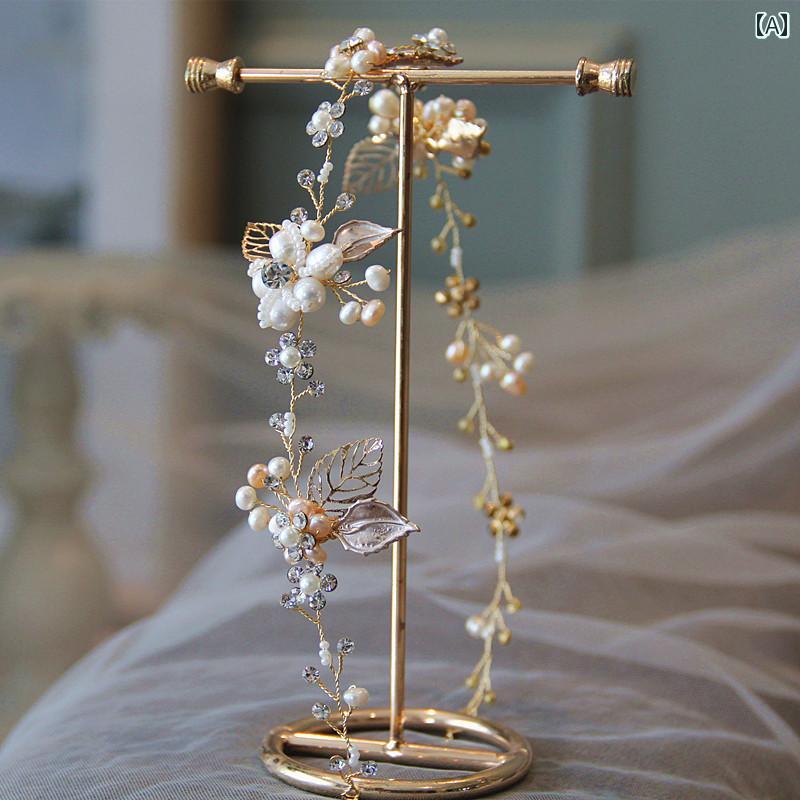 髪飾り ヘアアクセサリー 髪 付ける 精巧 ビーズ パール ヘッド バンド 花嫁 ウェディング ドレス アクセサリー ディナー 結婚式 花 金 ゴールド 葉 植物 花々 フォレスト パーティー 大人式