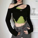 レディース 長袖 ショート トップス イレギュラー タイトフィット ワンショルダー 肌見せ かわいい おしゃれ トレンド セクシー カジュアル ダンス イベント フェス レジャー 普段使い使い