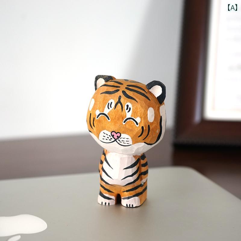 かわいい トラ 猫 木彫り 小さめ 癒し デスク 装飾 置き物 デスクトップ ミニチュア デコレーション ディスプレイ インテリア(3)