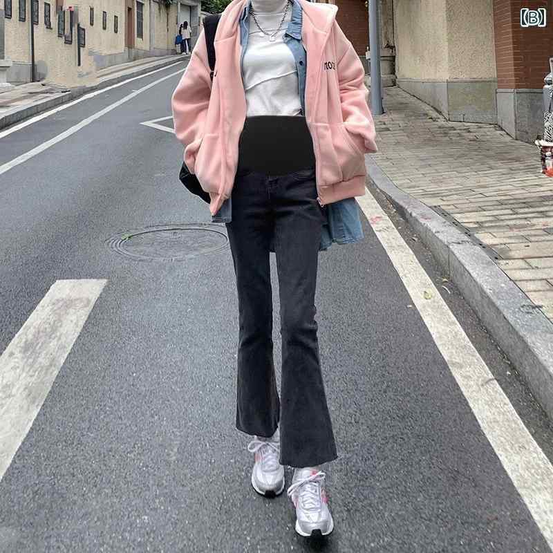 春秋冬 マタニティパンツ マイクロフレアパンツ 厚手 大きめサイズ ジーンズ 妊婦 腹部サポート デニム 起毛