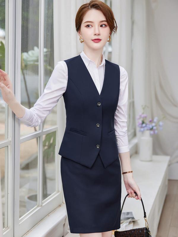 スーツ ベスト ズボン パンツ スカート 上下セット レディース ビジネス 制服 婦人 秋冬 フォーマル 大きめサイズ Vネック ポリエステル シンプル