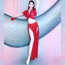 ベリーダンス 衣装 コスチューム レディース ダンス ベリーダンス 服 秋冬 メッシュ 練習 服 白 ワイン レッド ダブル スリット スカート スーツ クラス...