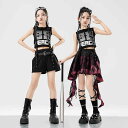 子供服 女の子 Tシャツ タンクトップ へそ出し ミニスカート チェック コスチューム バンド ダンス ヒップホップ ストリート系 パフォーマンス 衣装 クール かっこいい キッズ