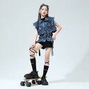 子供服 女の子 Tシャツ タンクトップ へそ出し デニムベスト ショートパンツ コスチューム バンド ダンス ヒップホップ ストリート系 パフォーマンス 衣装 クール かっこいい キッズ