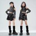 キッズ 子供服 ダンス 衣装 セット レザーブラック 韓国 女の子 おしゃれ ヒップホップ ストリート ステージ パフォーマンス イベント フェス レジャー アウトドア 普段使い使い