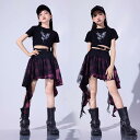 キッズ 子供服 ダンス 衣装 セット 半袖 蝶 チェック スカート 韓国 女の子 ヒップホップ ストリート ステージ パフォーマンス アウトドア イベント フェス レジャー スポーツ 普段使い使い
