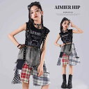 子供服 女の子 Tシャツ タンクトップ へそ出し チェックデニムスカート ミニスカート 夏 コスチューム バンド ダンス ヒップホップ ストリート系 パフォーマンス 衣装 クール かっこいい キッズ