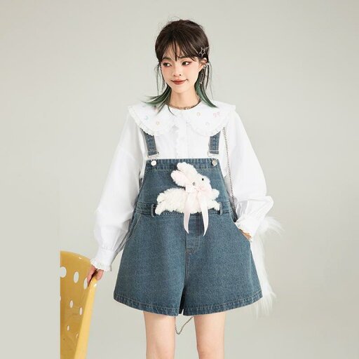 レディース ファッション サロペット パンツ オーバーオール つぎ ウサギ かわいい レトロ デニム 秋 ゆったり ワイド ショート丈 ブルー レディース ファッション サロペット パンツ オーバーオール つぎ ウサギ かわいい レトロ デニム 秋 ゆったり ワイド ショート丈 ブルー
