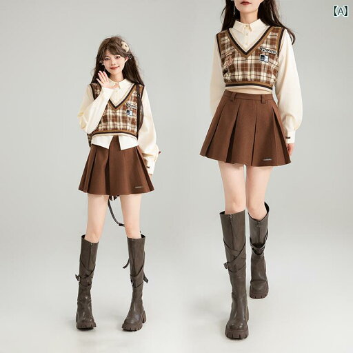 レディース ファッション カレッジ風 ブラウン ワイド プリーツ Aライン ミニ スカート 秋 着痩せ JK シンプル かわいい レディース ファッション カレッジ風 ブラウン ワイド プリーツ Aライン ミニ スカート 秋 着痩せ JK シンプル かわいい