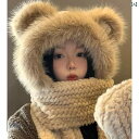 クマ耳 帽子 オールインワン レディース 秋冬 ぬいぐるみ かわいい サイクリング 厚手 暖かい スカーフ 手袋 3点 ファッション カジュアル ティーンエイジャー 小顔効果 ふわふわ