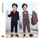 スーツ キッズ 子供 おしゃれ ファッション 男の子 春秋 赤ちゃん品 ジャケット 英国風 パフォーマンス チェック ボーイズ セット ベスト パンツ