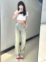 ジーンズ デニムパンツ カジュアル レディース レトロ ウォッシュ加工 ストレート レッグ レディース 春 ハイウエスト スリムストレッチ ワイドレッグ パンツ(4)