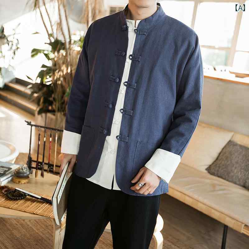 チャイニーズ チャイナ風 バックル 韓服 ジャケット レトロ エスニック 唐 メンズ 中国 綿 リネン 在家服 瞑想服 春