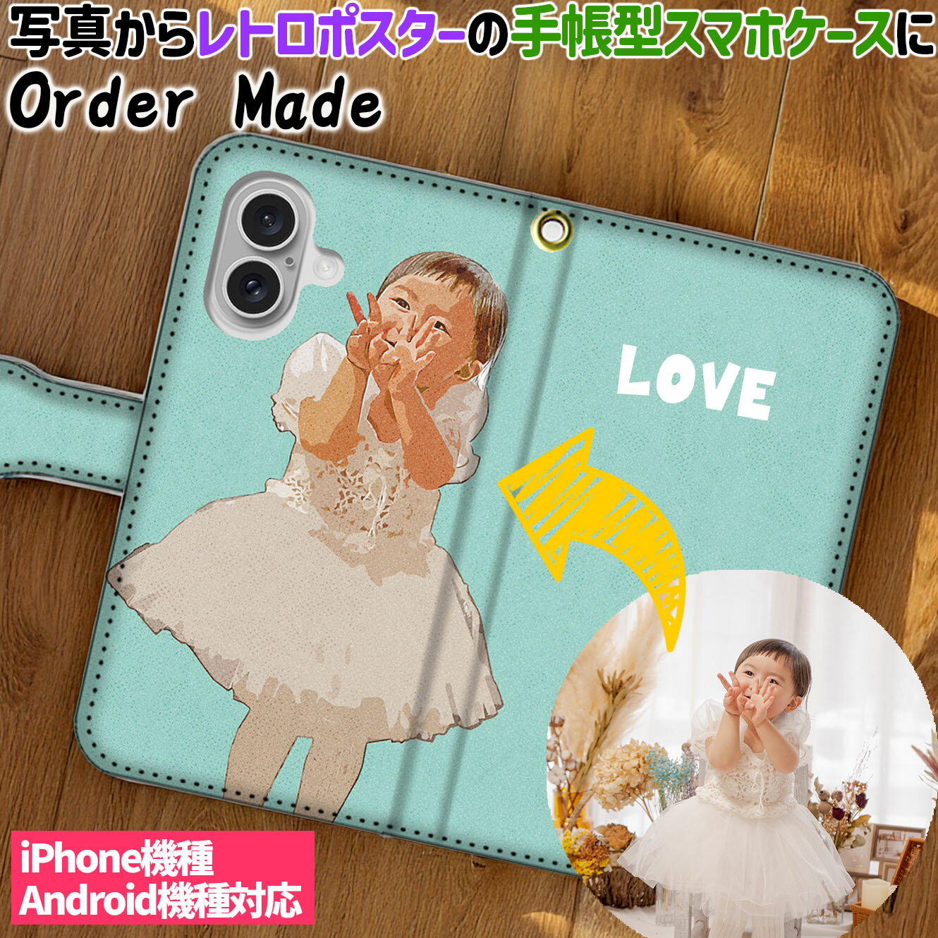 【レトロポスター】 お気に入りの写真を手帳型スマホケースに 子供 キッズ 赤ちゃん ☆オーダーメイド☆ 似顔絵 誕生日 birthday 記念日 写真から 思い出 お祝い プレゼント ギフト art アート 絵画
