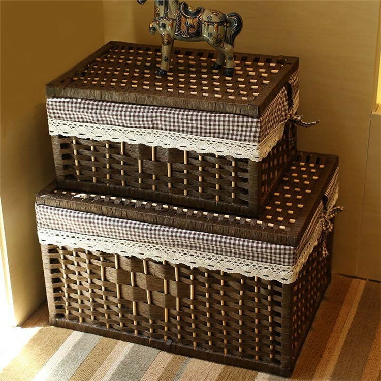 3点セット 手作り 収納かご 手工芸品 ハンドメイド 紙編み 手編み ナチュラル 天然素材 バスケット ボ..