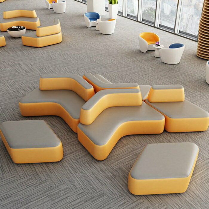 受付ソファー　応接ソファー　待合室ソファー　休憩室ソファー　バイカラーデザイン　PVCレザー　天然木フレーム　高密度ウレタンフォーム　組み換え自由　シンプルモダン　イエロー　カスタマイズ可能