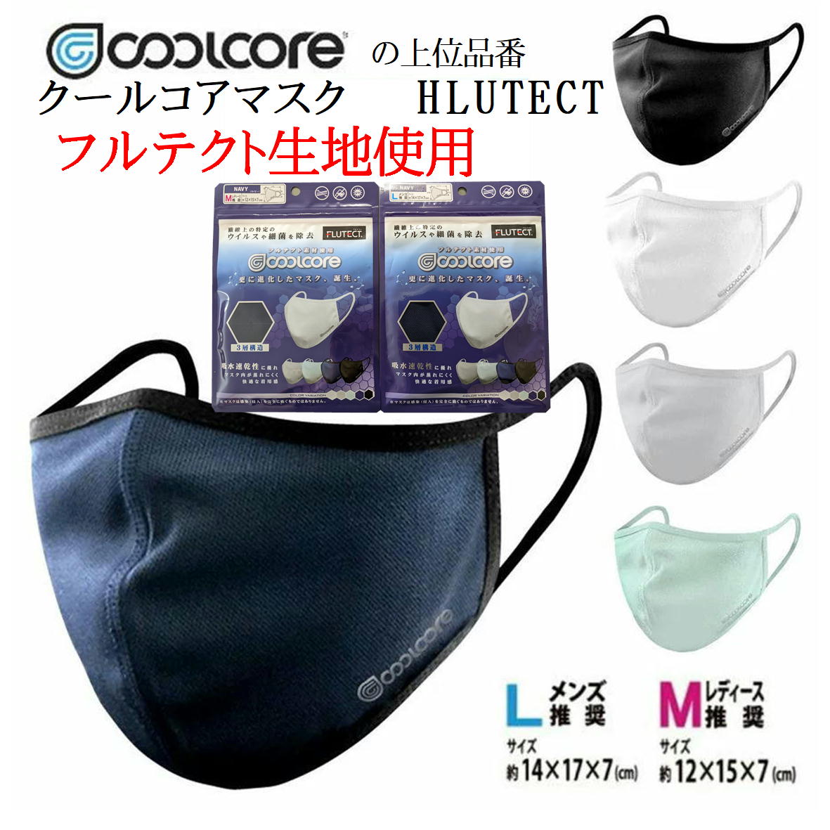 クールコアマスク COOLCORE FLUTECT フルテクト  マスク冷感 クールコア マスク クーリングマスク 夏マスク 冷却 男性 女性 M L ネイビー ベイビーブルー 洗える UVカット ウイルスや細菌を除去