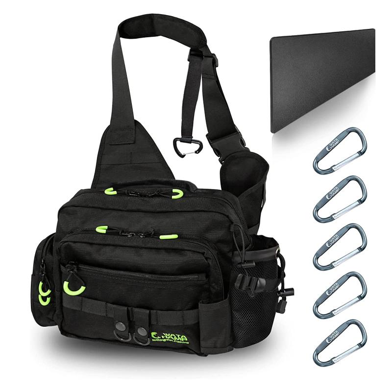 WATAAMPワタチャンプ釣り バッグ フィッシングバッグ 防水 5つカラビナ付き ダブルファスナー 可動式肩パッド 着脱式ウエストベルト タックルバッグ 多機能 大容量 釣り ショルダーバ