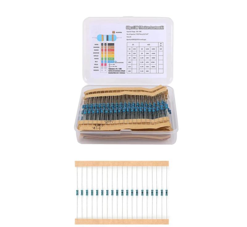 600 pcs 電子工作 キット 1/4w 金属皮膜抵抗 セット 30種類 10Ω-1MΩ ±1% 高精度 電子工作 抵抗 セット キット 精密回路 DIYプロジェクト用600 PCSの抵抗器キットには、30種類の異なる値（10Ω-1MΩ）が含まれており、電子部品や電子工作に最適です。1/4W（0.2）の高精度金属皮膜抵抗器セットで、公差は±1％です。この抵抗セットは、精密電子回路や電気通信機器、楽器アプリケーション、DIYプロジェクトに適しています。ハンダレスプラグインシャローシューズにも最適で、迅速でスムーズな実験プロジェクトを実現します。高品質薄膜金属抵抗器で、カラーコードガイド付きで抵抗器の読み取りが簡単です。高安定性、低ノイズ、温度係数、高精度、長寿命を備えた電子部品用の抵抗セットです。人気の電子工作入門キットランキングで上位にランクインしているこのキットは、可変抵抗器や半固定抵抗、金属部品を含む多様な用途に対応します。電子工作キットとして、初心者から上級者まで幅広く活用できる抵抗器セットです。高精度で信頼性の高い金属皮膜抵抗器は、電子工作プロジェクトの成功率を高めます。