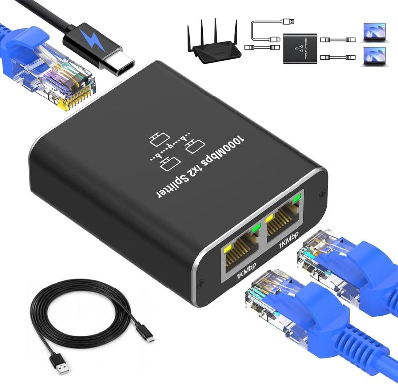 LAN 分配器 LAN ケーブル 分岐 RJ45 1000Mbps 1入力2出力 2台同時使用 USB Type-C電源ケーブル付き