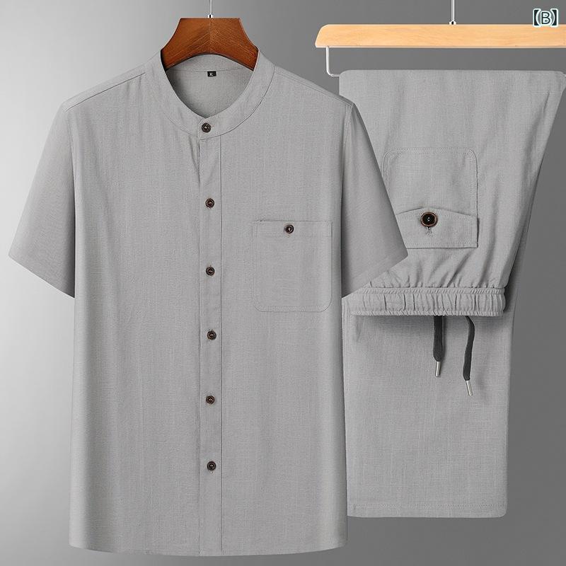 シャツ 男性用 綿麻 半袖シャツ 長ズボン 上下セット 部屋着 パジャマ 中国風 シニア M L XL 2XL 3XL 4XL 5XL miraiyuki-10661365 MIRAIYUKI サンプル画像3