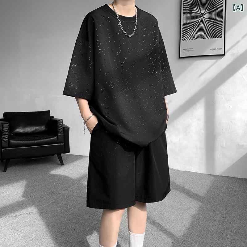 メンズ セットアップ Tシャツ 短パン 黒 夏服 涼しい ポリエステル混紡 垂感 大きいサイズ 休闲 スポーツ 日常着 韓国 18-24歳 化繊混紡 涤纶 ミックス ゆったり フィット スタイリッシュ コーディネート アクティブ ウェ