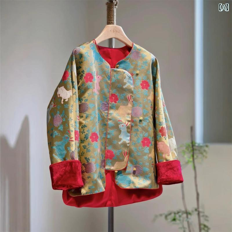 ・图案: 动物图案・版型: 常规・组合形式: 单件・厚薄: 中等・衣长: 普通款(50cm<衣长≤65cm)・袖长: 长袖・袖型: 常规袖・领型: 圆领・流行元素: 拼接・工艺: 提花・颜色: 玉兔・尺码: XL, 2XL, 3XL, 4XL・风格类型: 文艺复古・门襟: 单排多扣・风格: 中国风・适用年龄段: 成人・适用性别: 女・产品类别: 外套