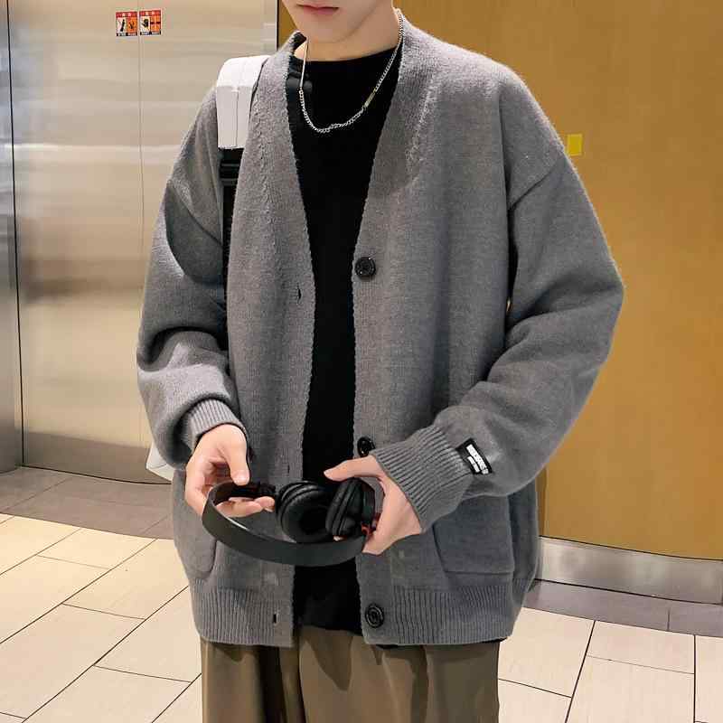 ニット カーディガン メンズ Vネック 長袖 トップス 港風 ゆったり リブ編み 無地 羽織り カジュアルウェア 春秋