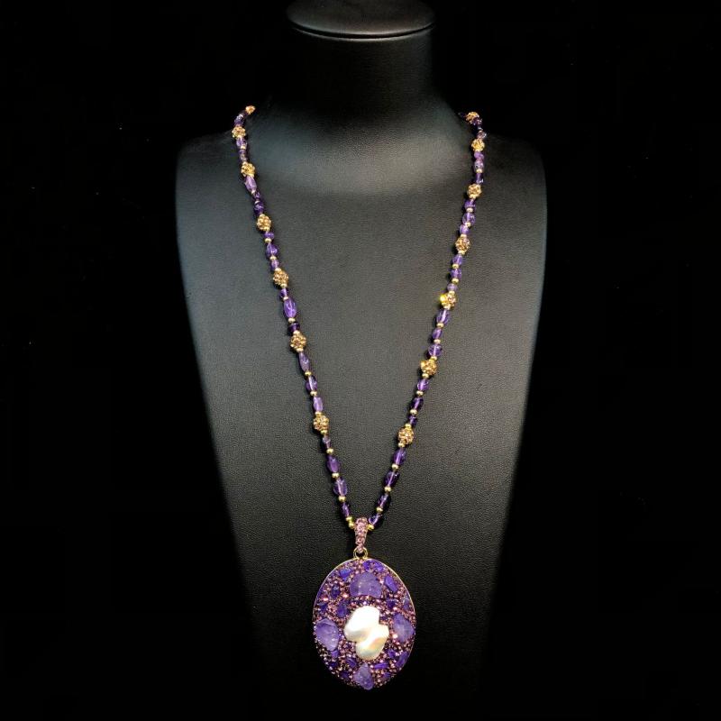 ネックレス レディース 紫水晶 ジルコニア パール ペンダント 高見え 手作りアクセ...
