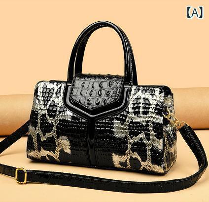 ママバッグ 女性用 斜めがけバッグ ワンショルダーバッグ トートバッグ 手提げバッグ 大容量 軽量 豪華感 クロスボディ 横型方形 中型 蛇紋 ワニ紋 ロック ステッチ ジッパー開閉 立体ポケット 単肩ストラップ 日常使い 黒 白 夏 2025
