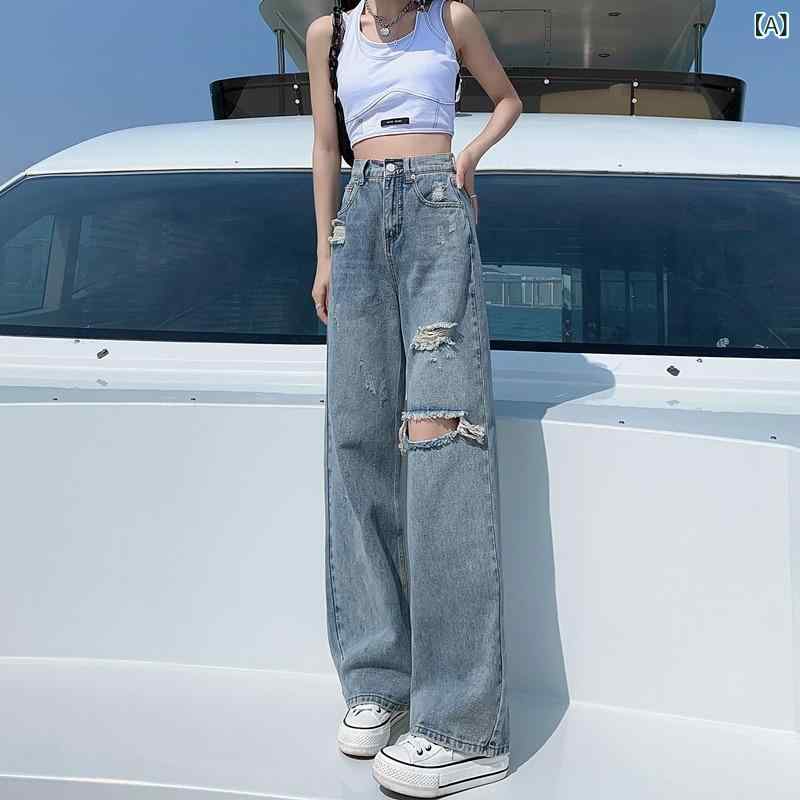 レディース デニムパンツ 春夏 薄手 高腰 ワイドレッグ スリム ストレート クロップド ロング ミドルウエスト ボタン 切り替え コットン ポリエステル ライトブルー 通勤 個性 街頭 スタイル