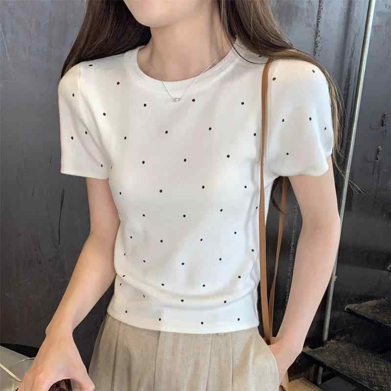 トップス レディース 夏季 波点 短袖 ニット Tシャツ 接触冷感 再生繊維 ワイドシ...