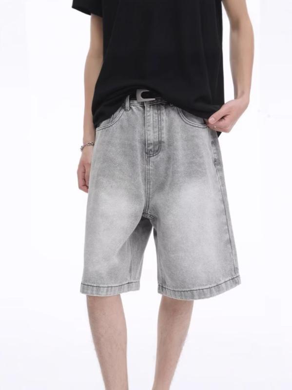 メンズ デニム ショーツ 夏用 綿混紡 ワイドレッグ フィブパンツ 復古風 洗い加工 スリム効果 白 黒 ライトブルー ライトウォッシュブルー 韓流スタイル カジュアル 普段使い 軽量 伸縮なし 2025年夏 シーズン