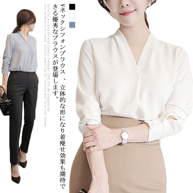 乐天商城 - シャツ レディース シフォン オフィス 胸元タック レディース おしゃれ 通勤 長袖 vネック トップス きれいめ 無地 シャツ ブラウス スキッパーシャツ 春 夏 秋 おしゃれ 上品 きれいめ 薄手 シースルー カジュアル