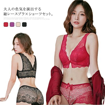 送料無料 全20サイズ 総レース ブラジャー ショーツ 上下セットアップ フロントフック 見せブラ 透け感 総レースショーツ 脇肉キャッチ 寄せ 盛れる ノーストレス 響かない インナー 下着