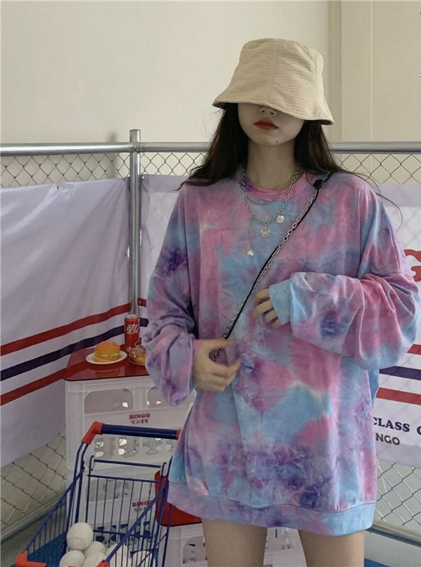 レディース 長袖 長袖 パーカー ロング丈 Tシャツ タイダイ柄 Tシャツ トップス BF風 韓国ファッション 原宿系