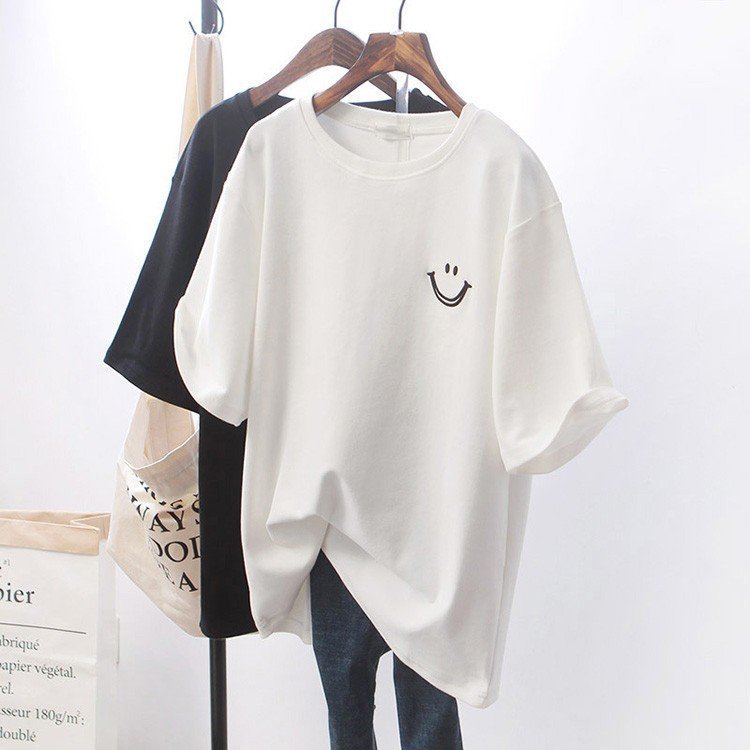 乐天商城 - Tシャツ Tシャツ きれいめ 上品 春夏 オシャレ 半袖Tシャツ ブラウス 笑顔 綿 白トップス 40代 韓国風 ゆったりカットソー 大きいサイズ