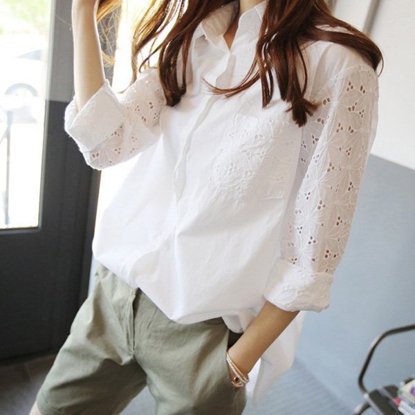通勤 白シャツ きれいめ レディース 春夏秋 長袖 レース透かし彫りブラウス 白シャツ 韓国風 40代 大人 上品シャツ ブラウスのサムネイル