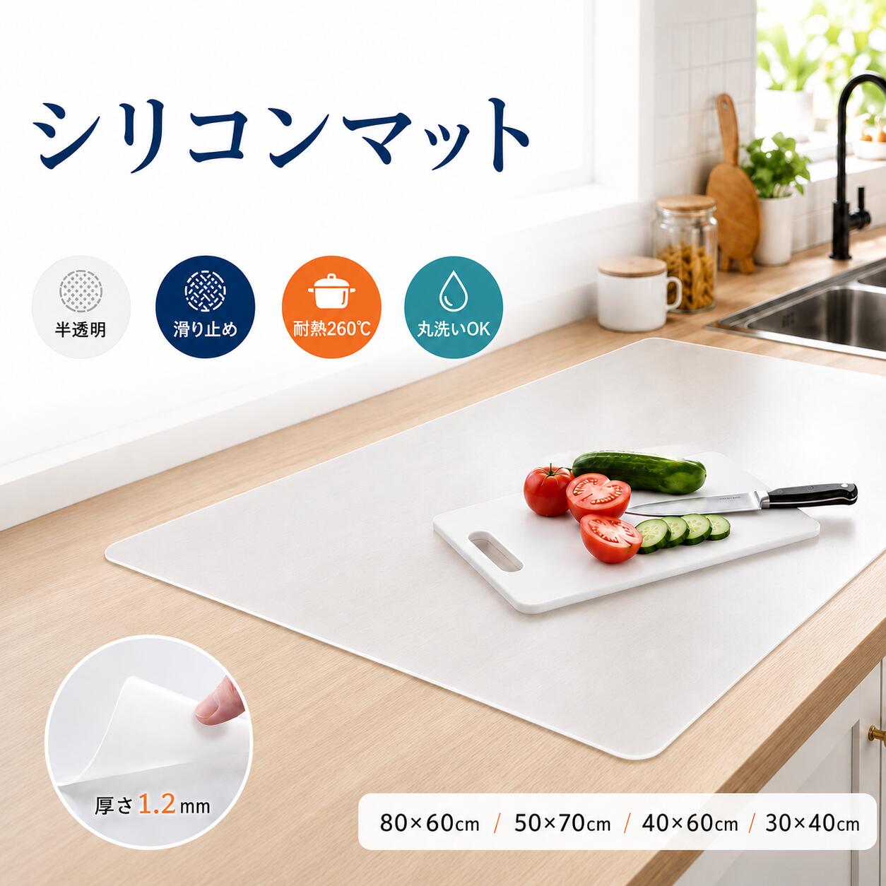 【新店舗オープン記念！20%OFFクーポン＆更にレビュー特典付き】シリコンマット キッチン 保護マット 耐熱 260℃ 調理台マット 滑り止め 大判80*60cm 60*40cm 50*70cm 30*40cm 1.2mm 柔軟 シンクマット キッチンマット キズ防止 防水 吸音 保護シート 拭ける 丸洗い可