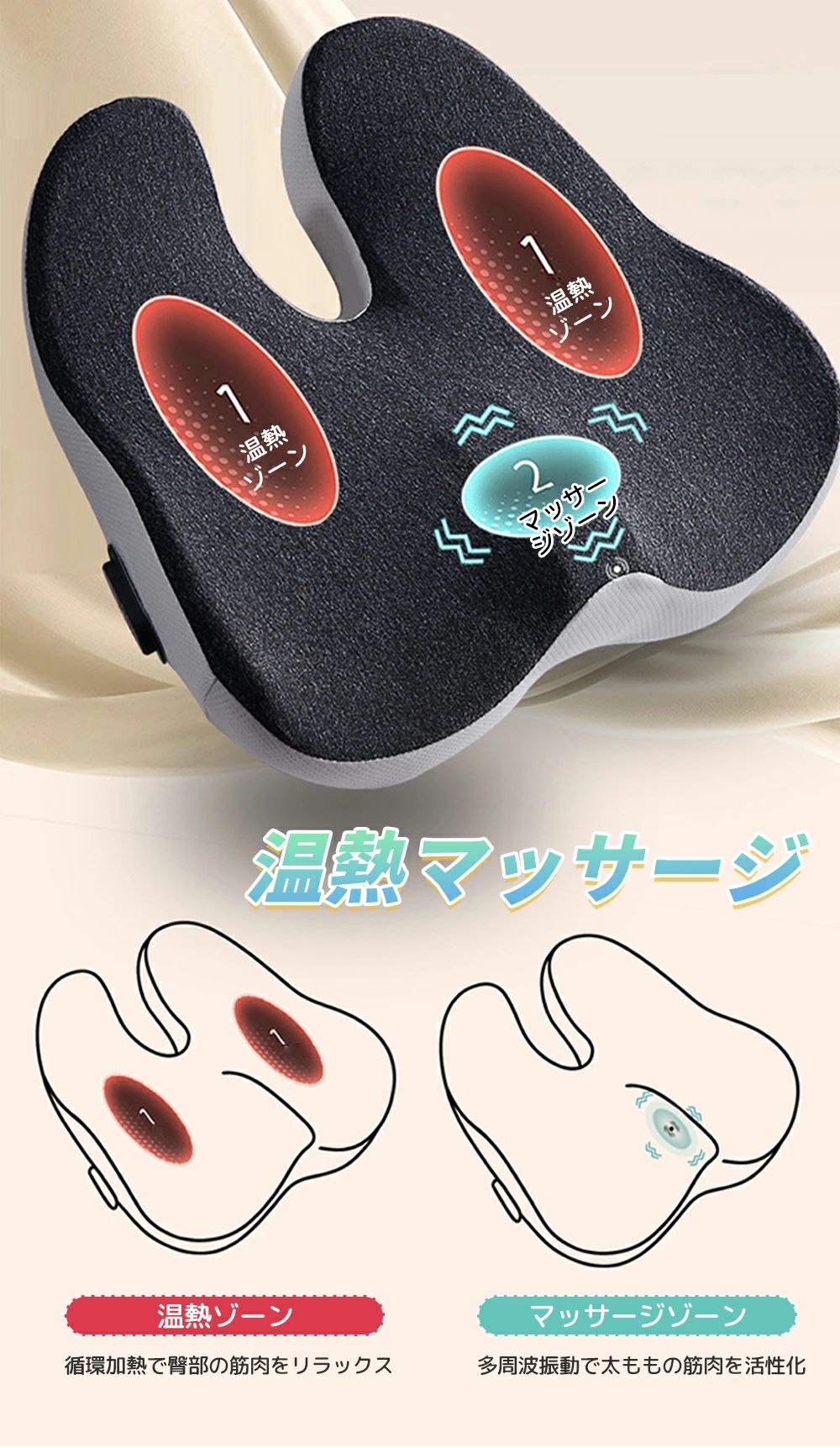 みろくshopのシートマッサージャー シートクッション 充電式 電熱クッション 温熱 ヒーター 振動 低反発 オフィス 運転 シート型 マッサージ｜アングル3
