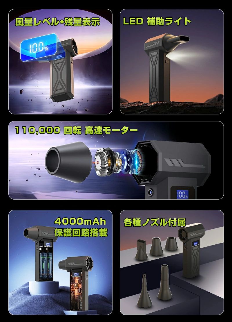 エアーダスター ブロワー 電動ブロワー 充電式 コードレス 110000RPM 高速回転 風...