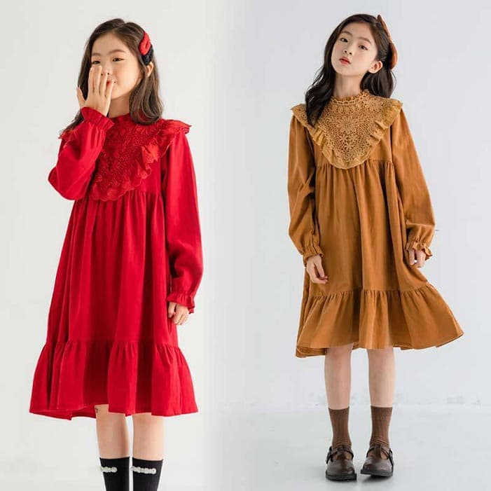 子供服 ワンピース キッズ 女の子 コーデュロイ 可愛い 花柄レース 長袖 フレアワ...