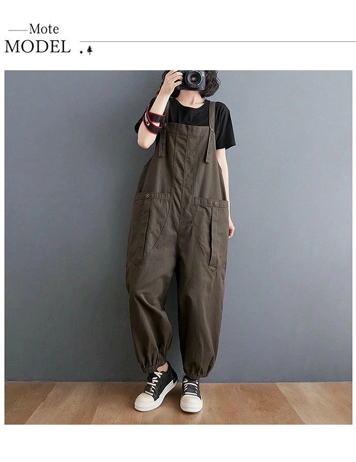 みろくshopのオーバーオール レディース サロペットパンツ オールインワン ビッグシルエット ロング丈 パンツ ボトムス 絞り裾 無地 作業着｜アングル3