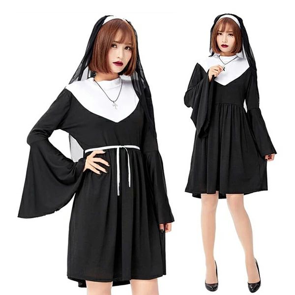 ■商品名：ハロウィン衣装■商品内容：ワンピース＋ベール＋十字架＋ベルト(※他の小物は含まれません）■素材：ポリエステル■サイズ(cm)バスト88-96cm　ウエスト80-82cm　ワンピース丈92(平置き採寸となりますので、多少の誤差につきましてはご容赦ください。)■カラー：ご写真色■生産国:中国注意点：●生産時期により、色・サイズ・デザインが多少が異なる場合がございます。あらかじめ御了承下さい。●サイズ表記は手作業にて行っておりますので、実物と若干の誤差が生じる場合があります。●商品写真はできる限り実物の色に近づけるよう徹底しておりますが、お使いのモニター設定、お部屋の照明等により実際の商品と色味が異なる場合がございます。●発送上の状態によって商品がシワになる場合がございます。予めご了承くださいませ。●当商品は機械による生産の過程上、どうしても「生地を織る際の糸の継ぎ目」や多少の「ほつれ」、生地の織りに他繊維が「混紡」しているなどが生じている場合がございますが、品質上の問題ではございません。●加工工程で混じり込んでしまう浮遊する繊維、ほつれた糸が生地に混じることを起きる可能性がございますので、異物混入に見えますが、不良品ではございません。●多少縫製があらいもの、シワ・糸クズが多い場合、素材表示が実際と異なるものが付いている場合がございます。●輸入品となりますので多少の傷、汚れ、縫製時の乱れがある場合がございます。●商品によっては染料の性質上、汗や摩擦により、色落ちしたり他に色移りすることがありますので、ご注意ください。●色の違う物と一緒につけ置きや洗濯をしないで下さい。●生地の特性上、匂いが強く感じられるものもございます。数日のご使用や陰干しなどでほとんど感じられなくなります。●長時間濡れたままで重ねて置いたり、摩擦（特に湿った状態での摩擦）や、汗や雨などでぬれた時は他の衣料等に移染する場合がございますのでお気を付け下さいませ。また他の物とは分けて洗って下さいませ。●商品により、色落ち・色移りがある場合がございます。●漂白剤の使用はお避け下さい。
