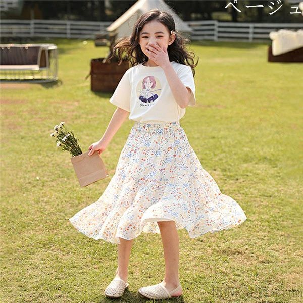 女の子 セットアップ スウィート 女児用 Tシャツ+花柄スカートお洒落 キッズ ガー...